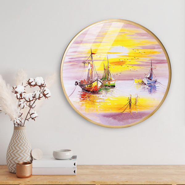 Scenery of Sailing Ship Acrylic Art Print with Gold Color Metal Ring