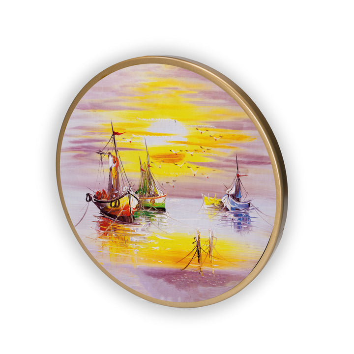 Scenery of Sailing Ship Acrylic Art Print with Gold Color Metal Ring