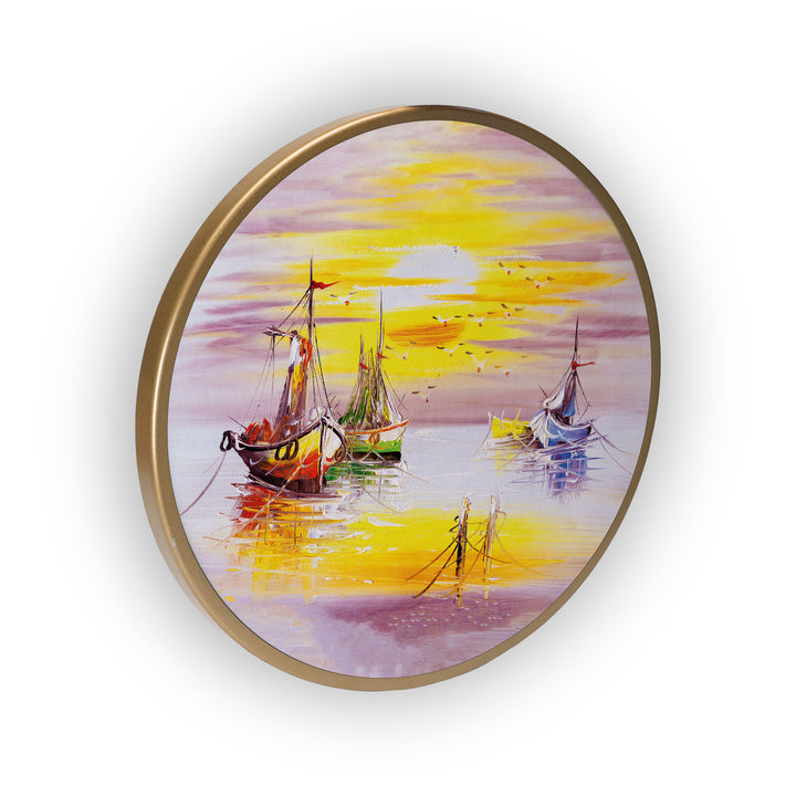 Scenery of Sailing Ship Acrylic Art Print with Gold Color Metal Ring