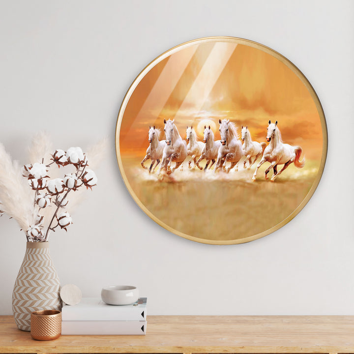 Seven Hourse Running Acrylic Art Print with Gold Color Metal Ring