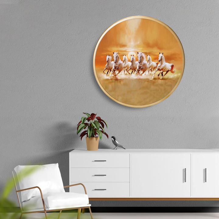 Seven Hourse Running Acrylic Art Print with Gold Color Metal Ring