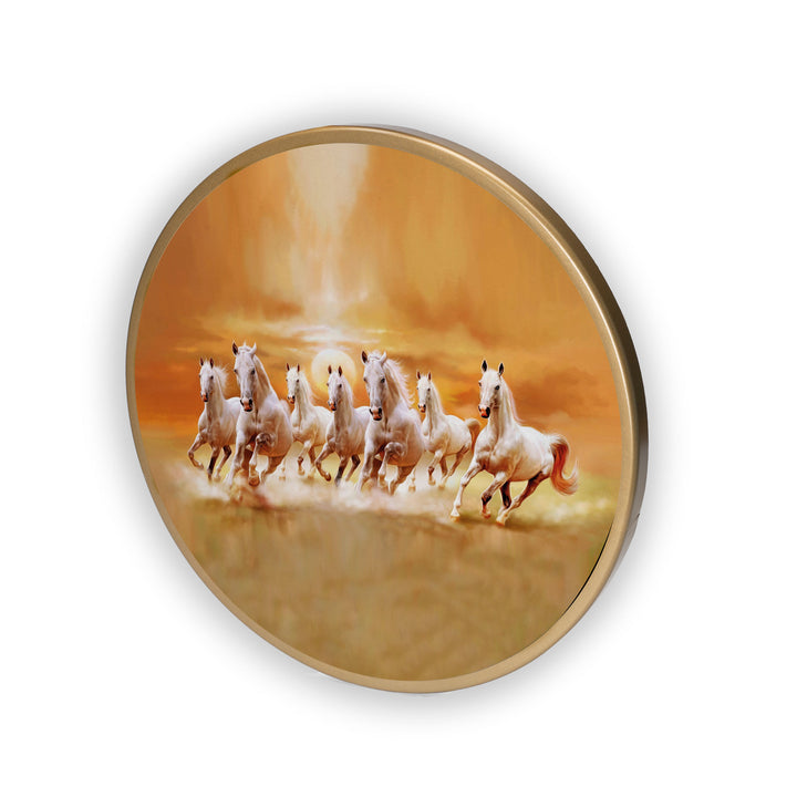 Seven Hourse Running Acrylic Art Print with Gold Color Metal Ring