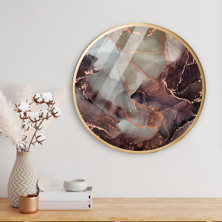 Brown Marble Acrylic Art Print with Gold Color Metal Ring