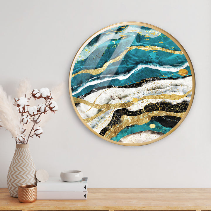 Green Seascape Acrylic Art Print with Gold Color Metal Ring