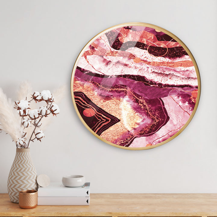 Line Pattern Marble Acrylic Art Print with Gold Color Metal Ring