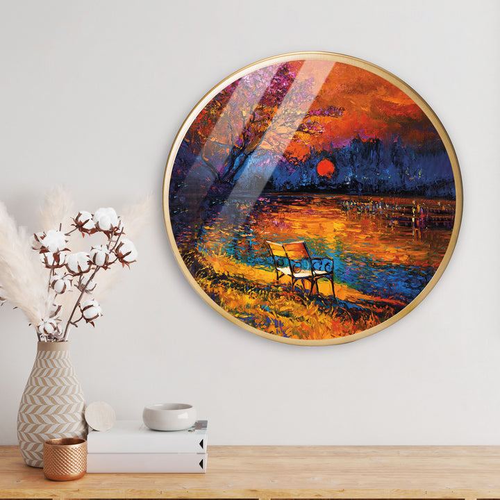 Sunset Evening View Acrylic Art Print with Gold Color Metal Ring