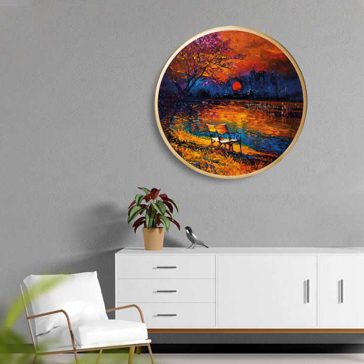 Sunset Evening View Acrylic Art Print with Gold Color Metal Ring