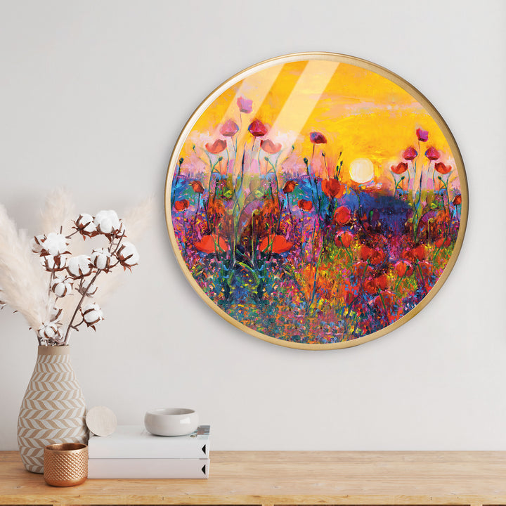 Garden Flower Sunset Acrylic Art Print with Gold Color Metal Ring