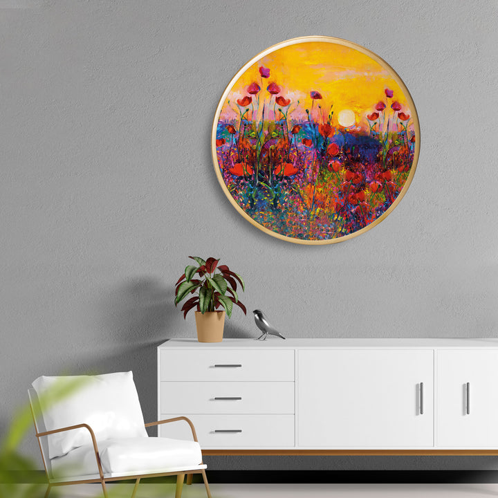 Garden Flower Sunset Acrylic Art Print with Gold Color Metal Ring