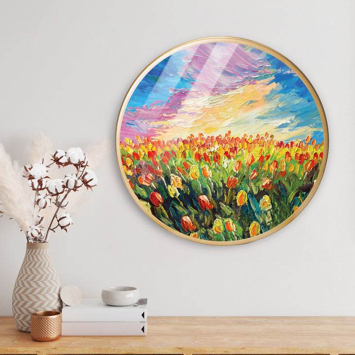 Garden Flower Red Sky View Acrylic Art Print with Gold Color Metal Ring