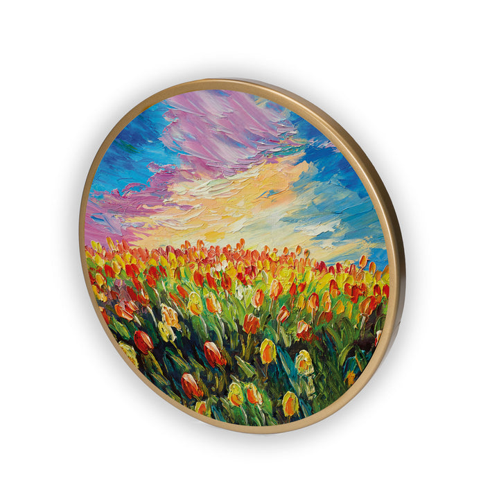 Garden Flower Red Sky View Acrylic Art Print with Gold Color Metal Ring