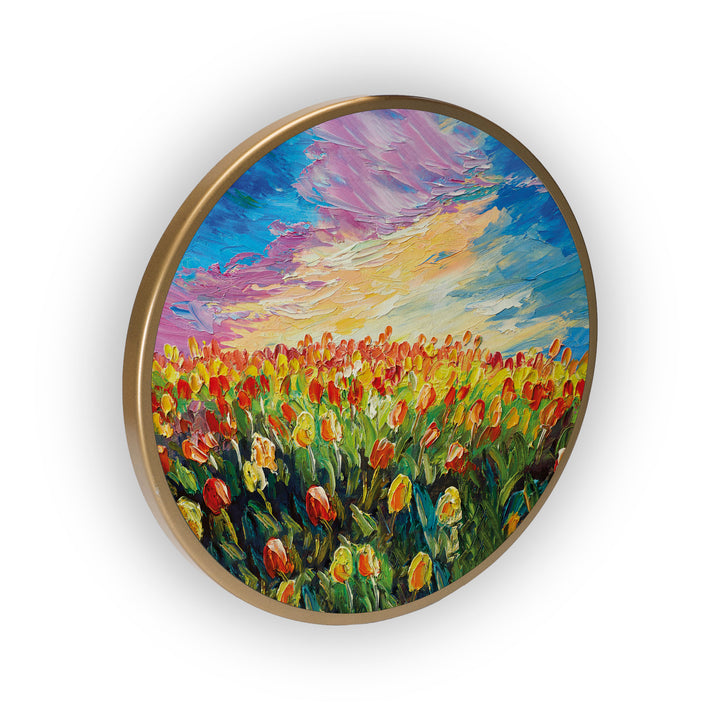 Garden Flower Red Sky View Acrylic Art Print with Gold Color Metal Ring