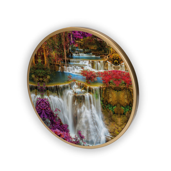 Waterfall Lake Red Flower Acrylic Art Print with Gold Color Metal Ring