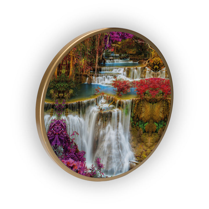 Waterfall Lake Red Flower Acrylic Art Print with Gold Color Metal Ring