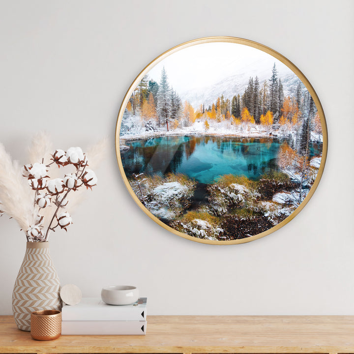 Waterfall Lake Snowfall Acrylic Art Print with Gold Color Metal Ring