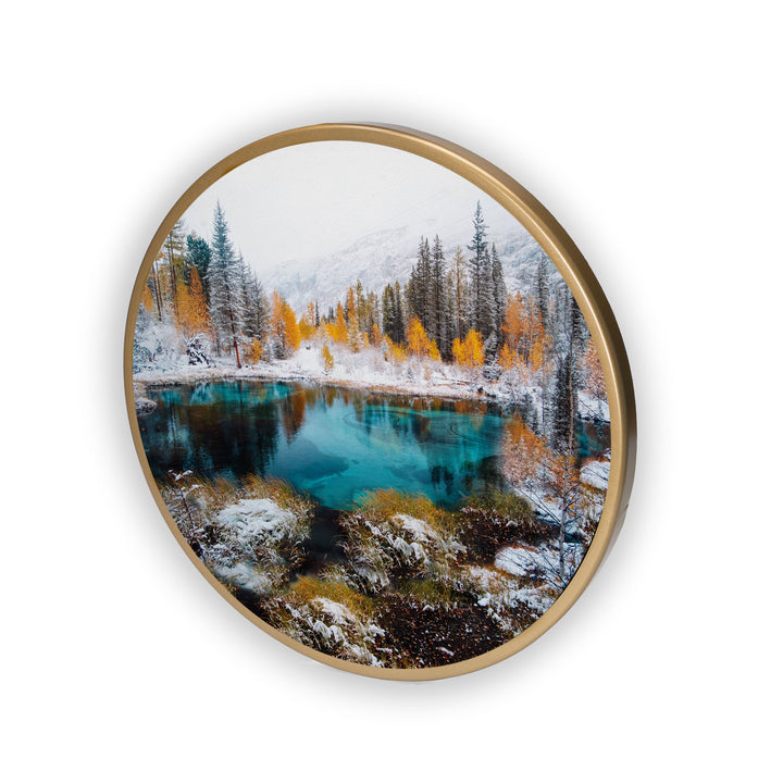 Waterfall Lake Snowfall Acrylic Art Print with Gold Color Metal Ring