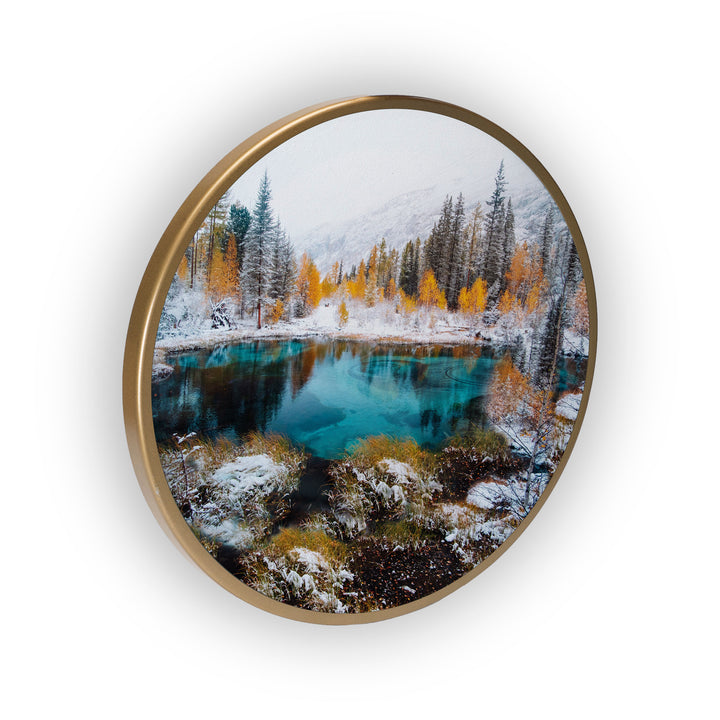 Waterfall Lake Snowfall Acrylic Art Print with Gold Color Metal Ring