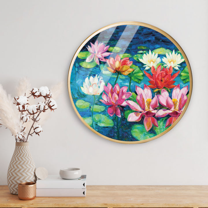 Multi Flower Lake Acrylic Art Print with Gold Color Metal Ring