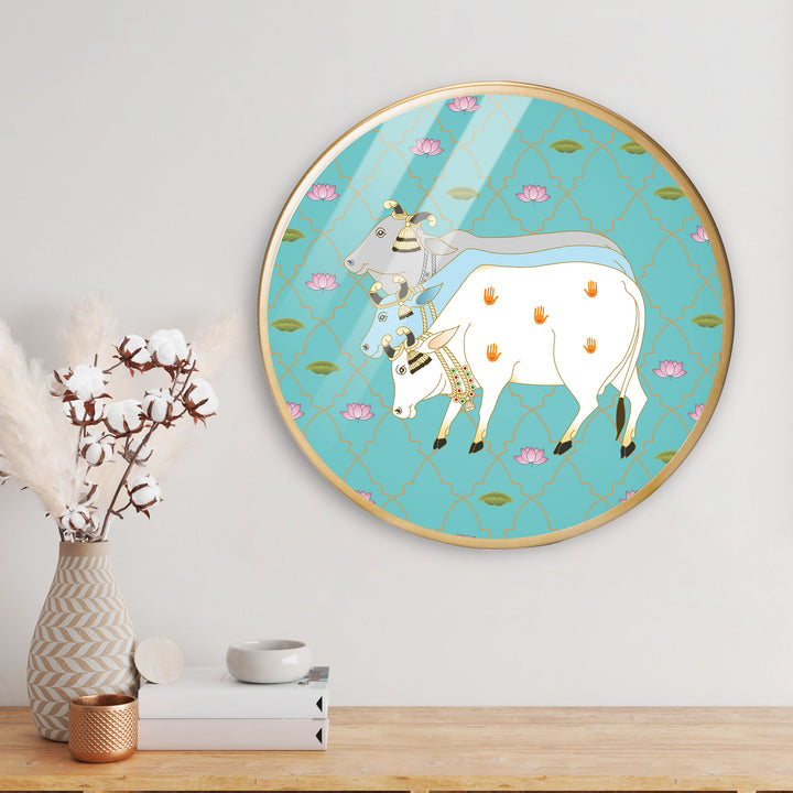 Multicolor Cows walk Together Acrylic Art Print with Gold Color Metal Ring