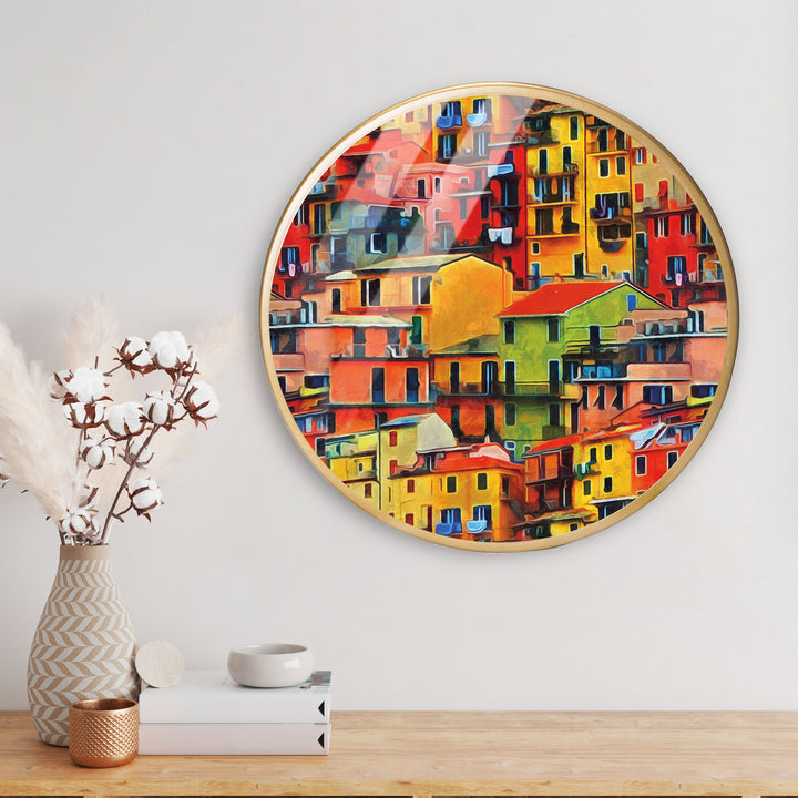 Europe Old Town Acrylic Art Print with Gold Color Metal Ring