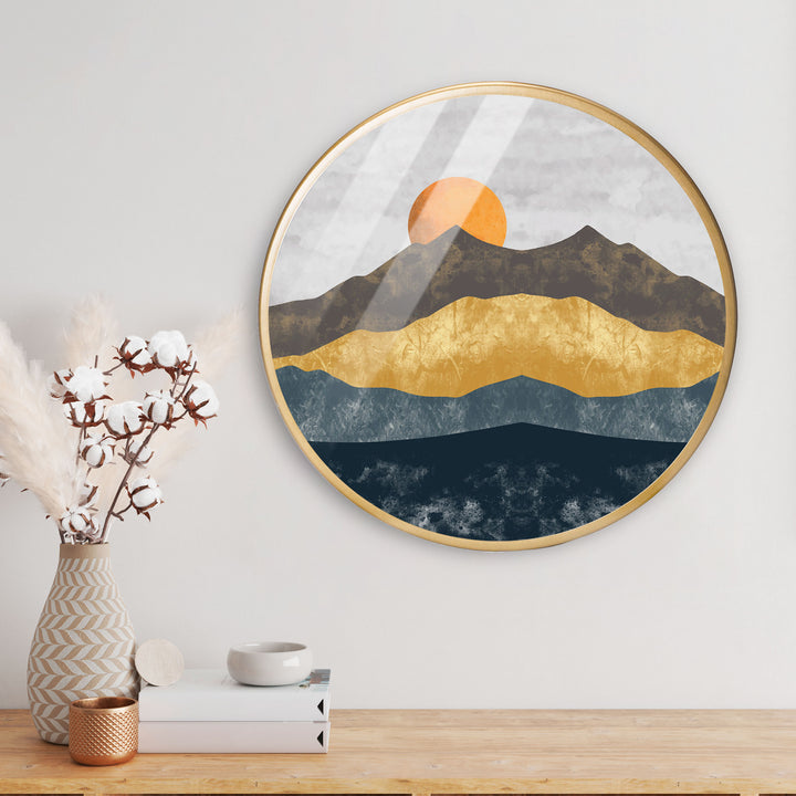 Orange Sun Mount Acrylic Art Print with Gold Color Metal Ring