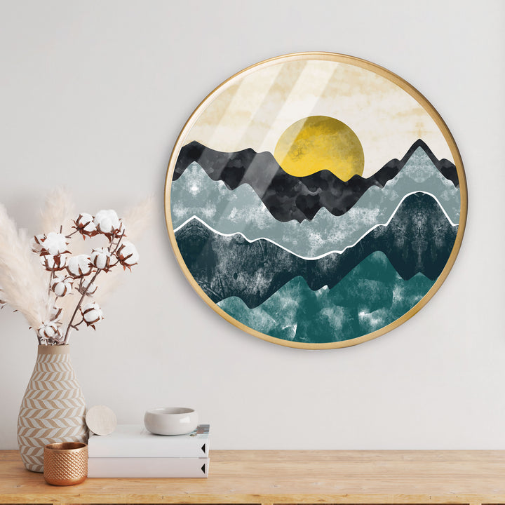 Yellow Sunset Acrylic Art Print with Gold Color Metal Ring