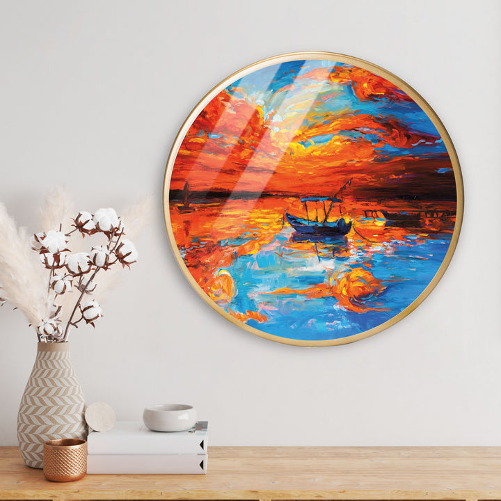 Boat Seascape Art Acrylic Art Print with Gold Color Metal Ring