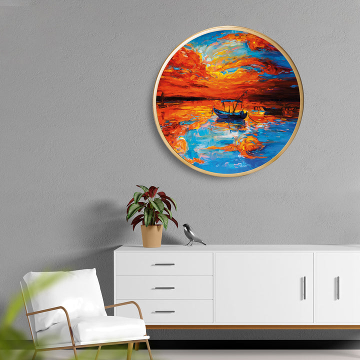 Boat Seascape Art Acrylic Art Print with Gold Color Metal Ring