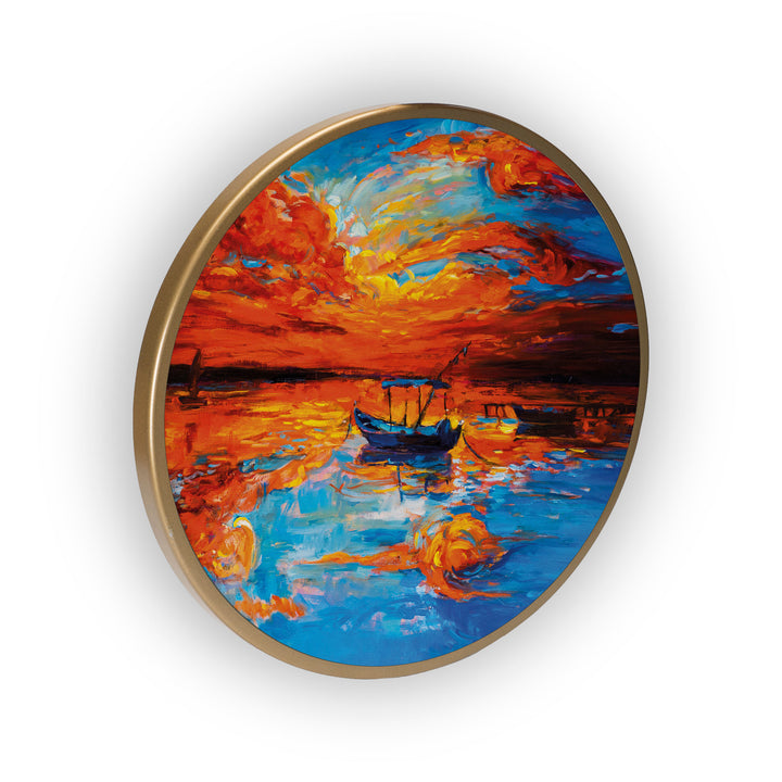 Boat Seascape Art Acrylic Art Print with Gold Color Metal Ring