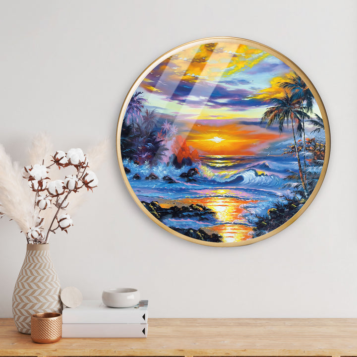 Natural Sunset Acrylic Art Print with Gold Color Metal Ring