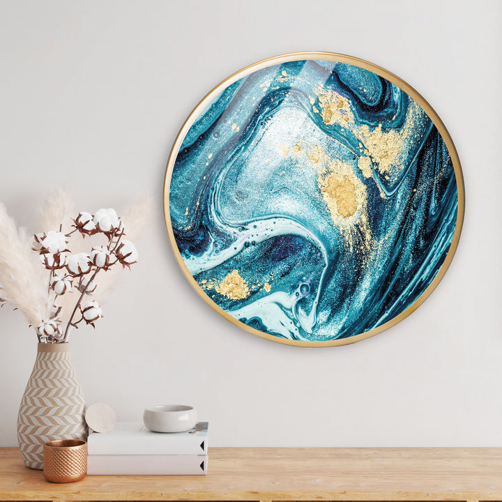 Blue Marbel Seascape Art Acrylic Art Print with Gold Color Metal Ring