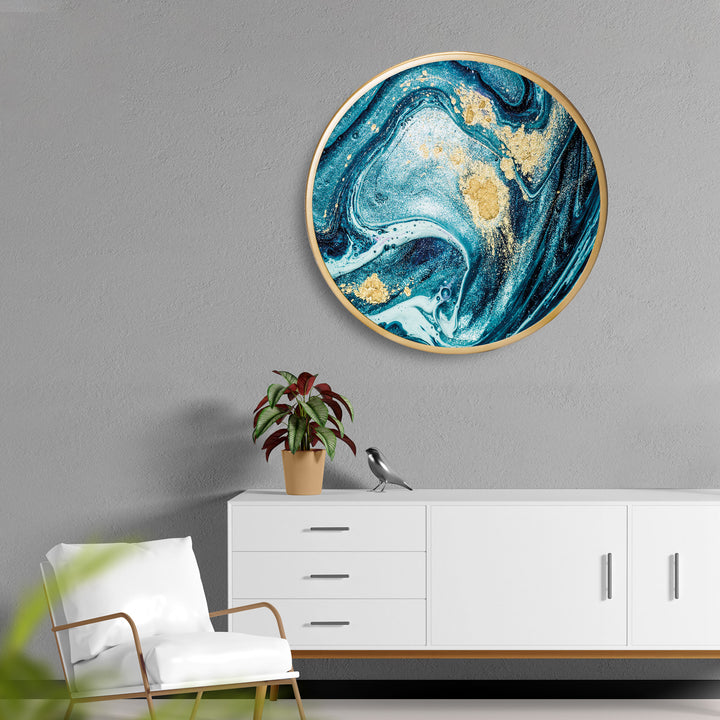 Blue Marbel Seascape Art Acrylic Art Print with Gold Color Metal Ring