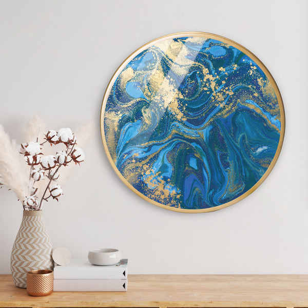 Blue Pattern Marble  Acrylic Art Print with Gold Color Metal Ring