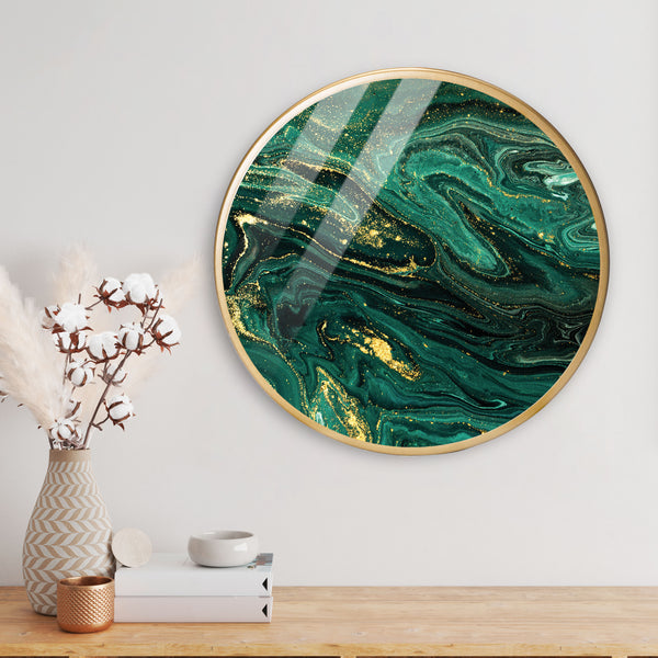 Green Pattern Marble  Acrylic Art Print with Gold Color Metal Ring