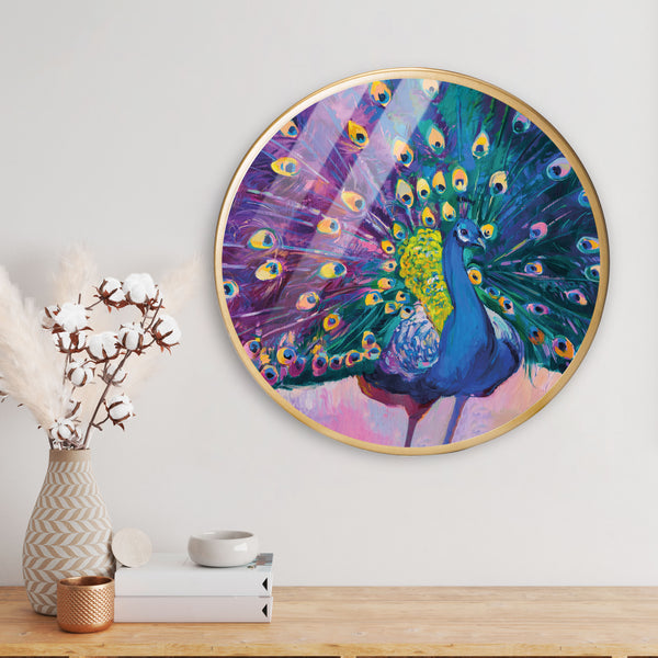 Blue Peacock Art Acrylic Art Print with Gold Color Metal Ring