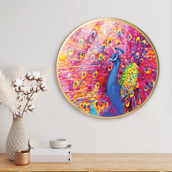 Red Peacock Art Acrylic Art Print with Gold Color Metal Ring