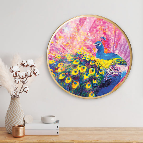 Yellow Peacock Art Acrylic Art Print with Gold Color Metal Ring