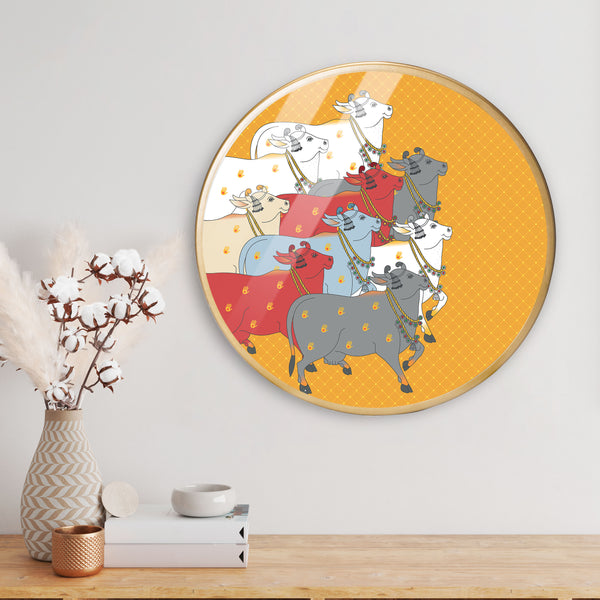 Multicolor Cows Acrylic Art Print with Gold Color Metal Ring