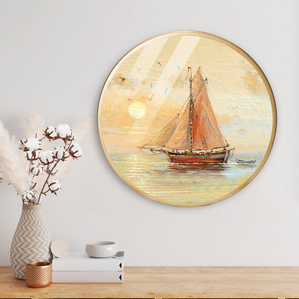 Ship Ocean Acrylic Art Print with Gold Color Metal Ring