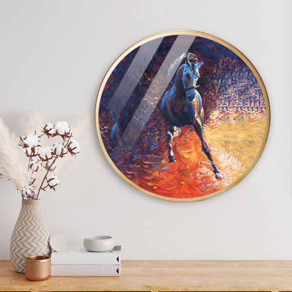 Running Hourse Abstract Acrylic Art Print with Gold Color Metal Ring