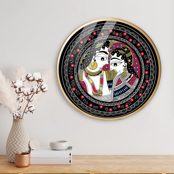 Madhubani Art Krna Radha Acrylic Art Print with Gold Color Metal Ring