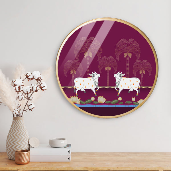 Playing White Cow Acrylic Art Print with Gold Color Metal Ring