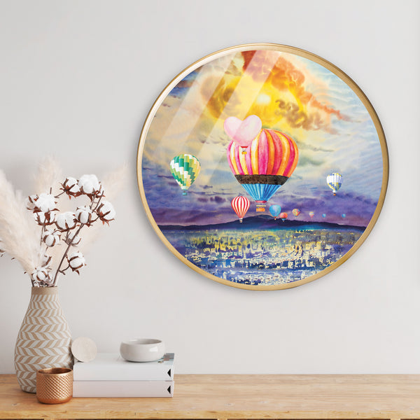 Hot Air Ballon Acrylic Art Print with Gold Color Metal Ring