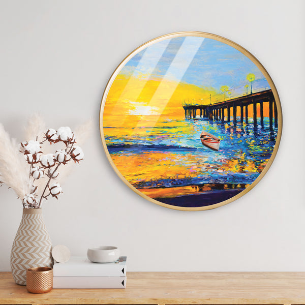 Passing Boat Sea Bridge Acrylic Art Print with Gold Color Metal Ring