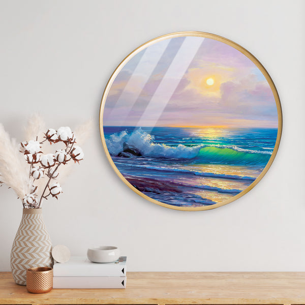 Sunrise Sea Scenery Acrylic Art Print with Gold Color Metal Ring