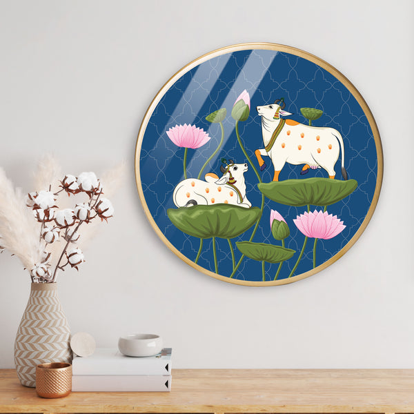 Cow Seated Pink Lotus Acrylic Art Print with Gold Color Metal Ring