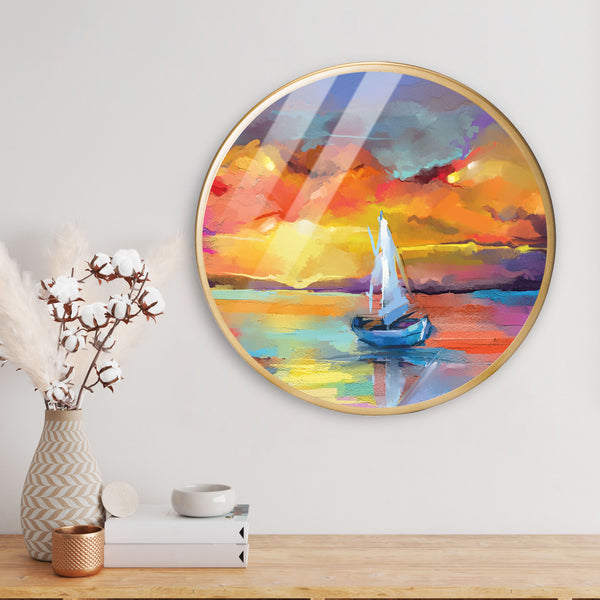 Setting Sun River Boat Acrylic Art Print with Gold Color Metal Ring