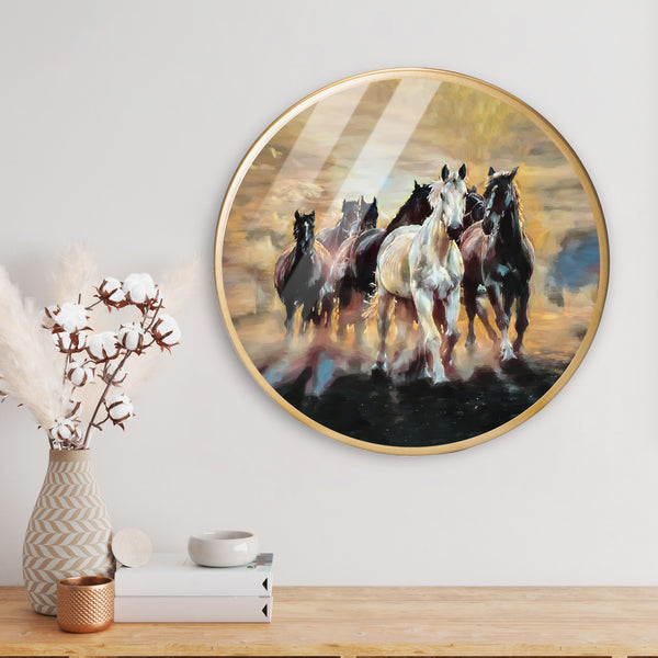 Running Hourse Acrylic Art Print with Gold Color Metal Ring