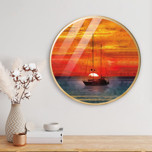 Red Sunset Sea Boat Acrylic Art Print with Gold Color Metal Ring