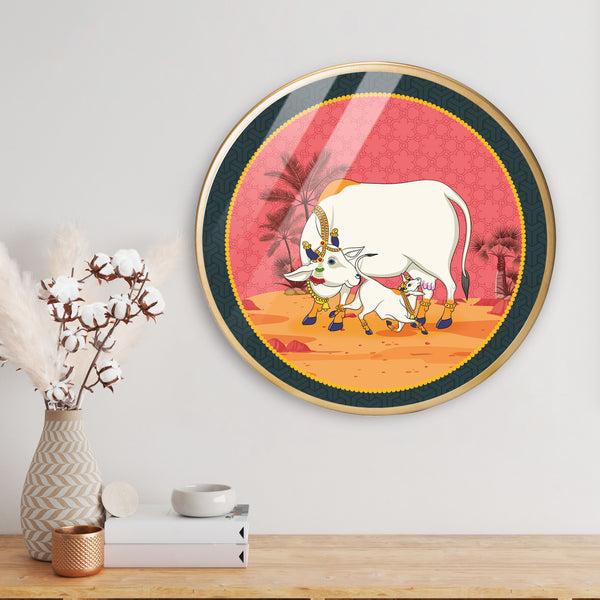  Cow Playing Acrylic Art Print with Gold Color Metal Ring